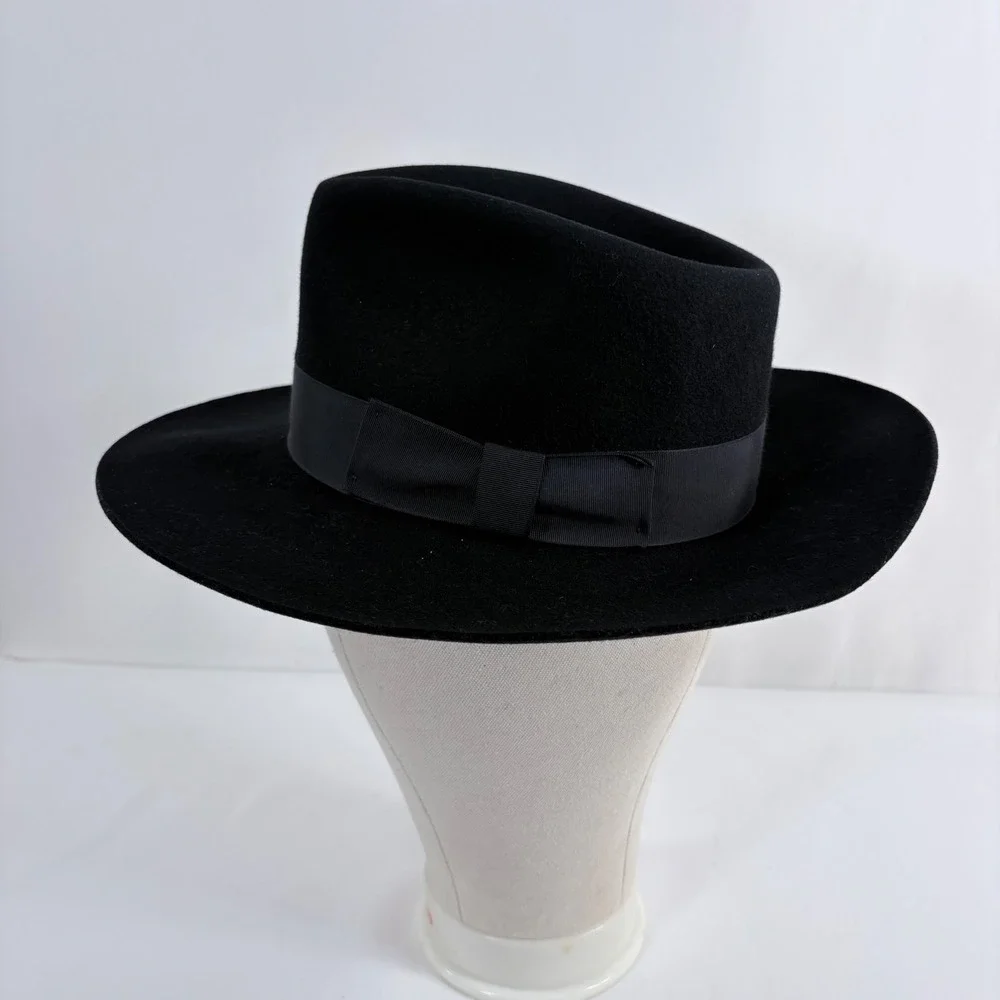 Scala Classico Fedora Black Wool Felt Wide Brim Grosgrain Ribbon Mens Hat Medium
